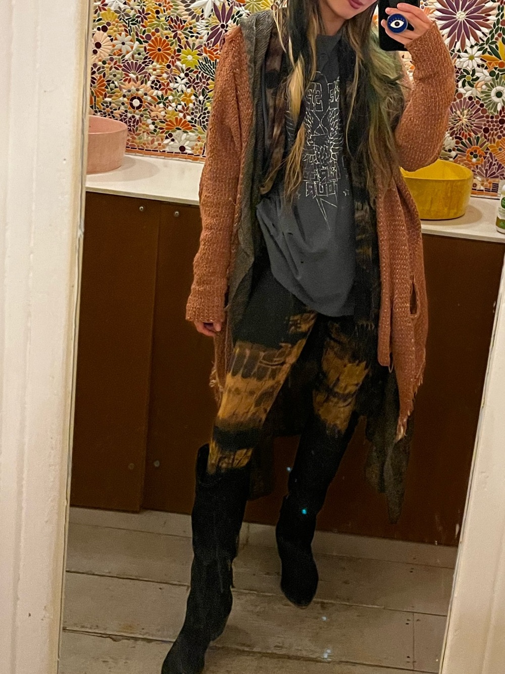 Free people boho orange / tan camel fringe hood cardigan sweater